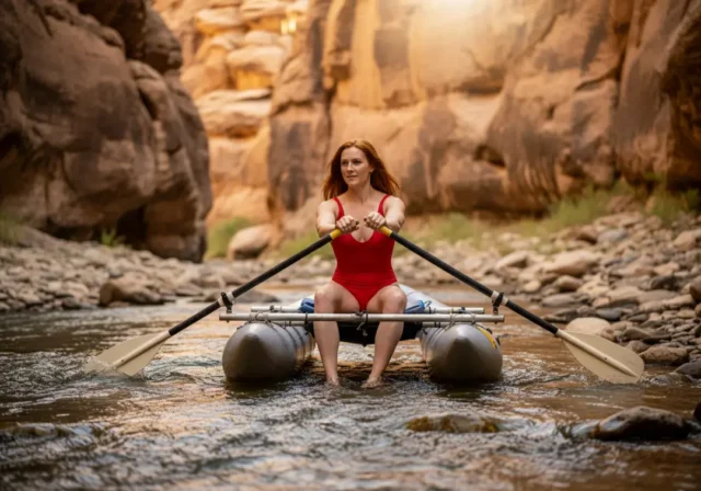 mastering-low-water-rowing-techniques-for-bony-runs A beautiful, athletic woman skillfully rowing a cataraft through a challenging, shallow, and rocky river section under bright sunlight.