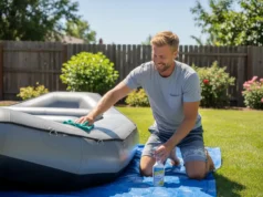 Mastering Rafting Gear Maintenance: A Proactive Guide A man in his early thirties performing maintenance on his whitewater raft in a sunny backyard.
