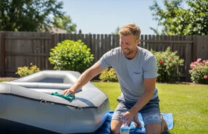 Mastering Rafting Gear Maintenance: A Proactive Guide A man in his early thirties performing maintenance on his whitewater raft in a sunny backyard.