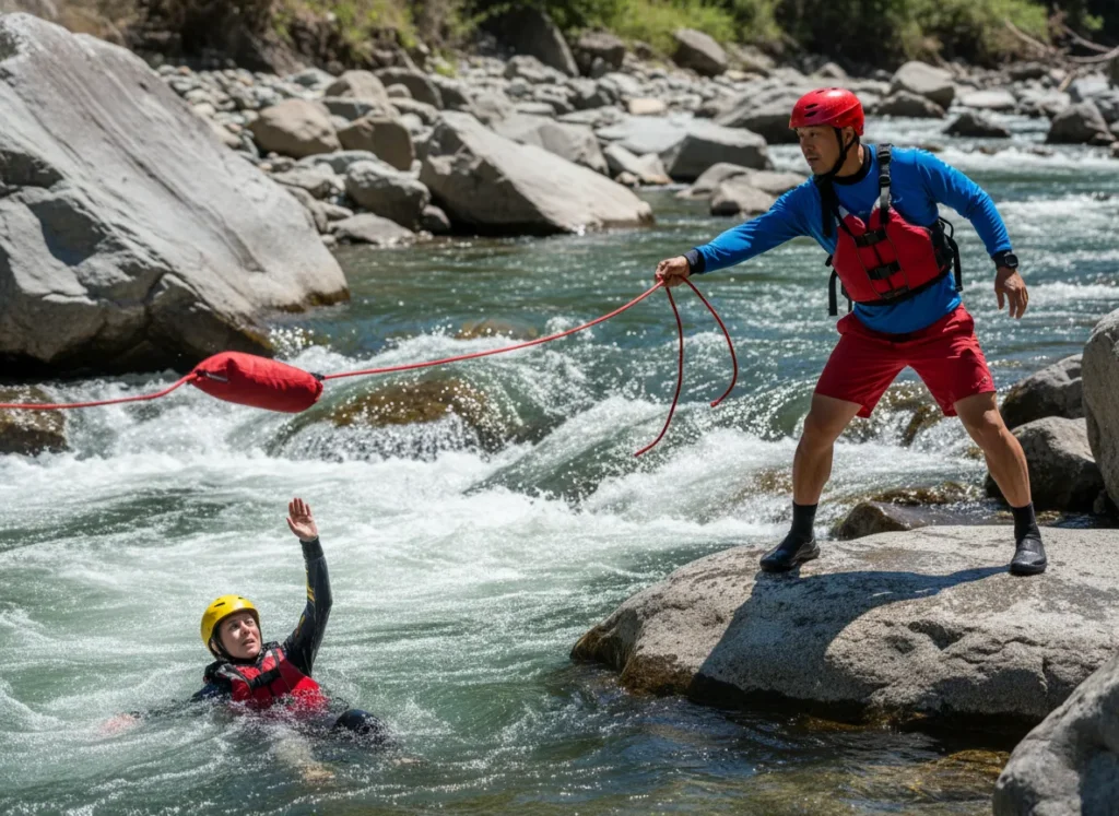 A rafter on shore performs a swiftwater rescue by accurately throwing a throw rope to a person swimming in the river.