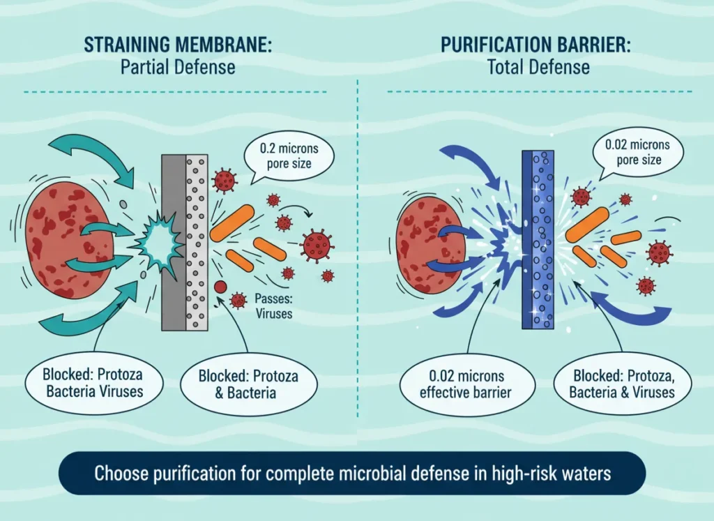 Infographic comparing the sizes of waterborne pathogens like viruses, bacteria, and protozoan cysts to the pore sizes of standard microfilters (0.2 microns) and purifiers (0.02 microns), illustrating what each treatment blocks in a dynamic, educational vector style.