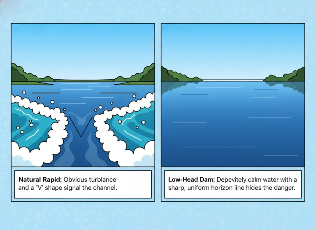 A side-by-side infographic comparing the upstream view of a natural rapid, which has visible turbulence, and a low-head dam, which appears deceptively calm with a sharp horizon line.
