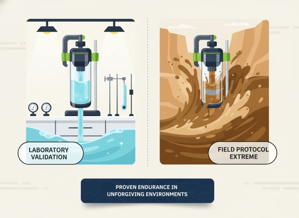Two-panel infographic illustrating a water filter under standard clear lab testing versus rigorous NSF P231 challenge with turbid river water, highlighting reliability in harsh conditions for outdoor purification.