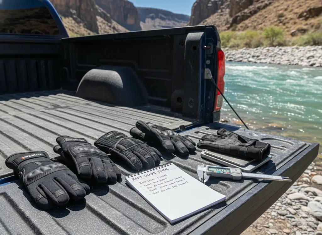 Several pairs of rafting gloves are laid out on a truck tailgate next to a notepad and measuring tools, representing a gear testing process.