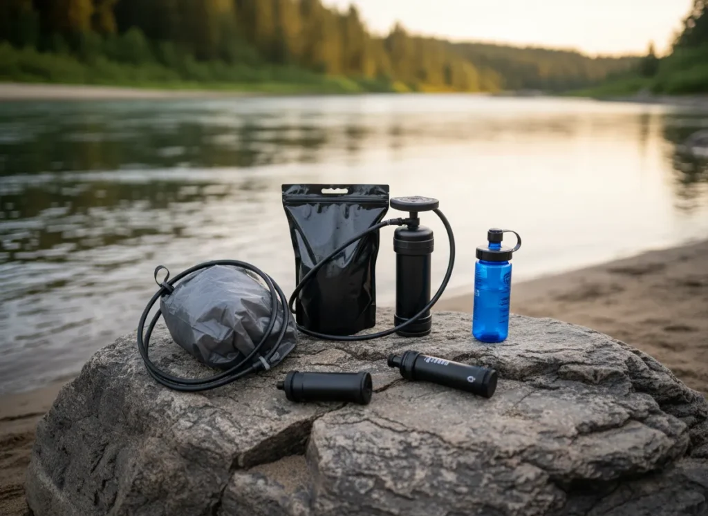 A collection of various types of water filters laid out for comparison on a large rock on a river beach.