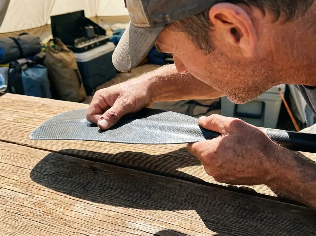 Hands flexing a composite paddle blade during a flex test to check for damage