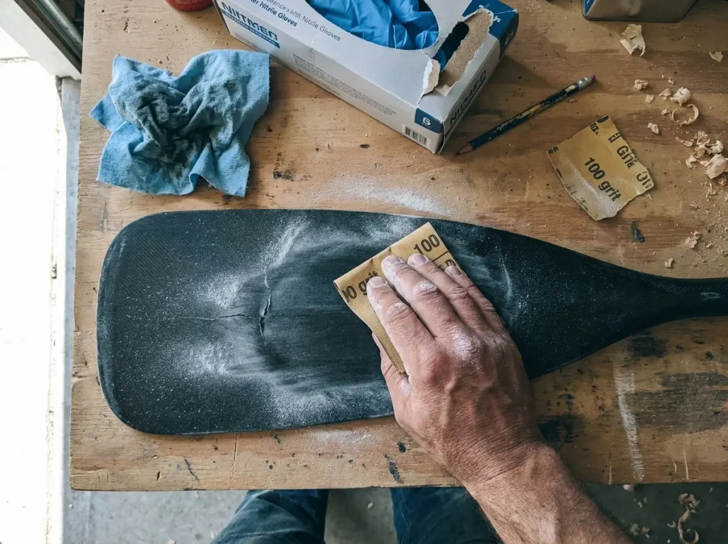 Sanding a cracked paddle blade with 100-grit before an epoxy repair