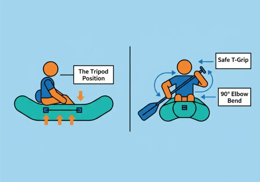 A 2-panel infographic explaining the correct whitewater rafting paddle posture and grip. The left panel shows the 'Tripod Position' with three points of contact in the raft. The right panel demonstrates the safe 'T-Grip' and the '90° Elbow Bend' for optimal grip width.