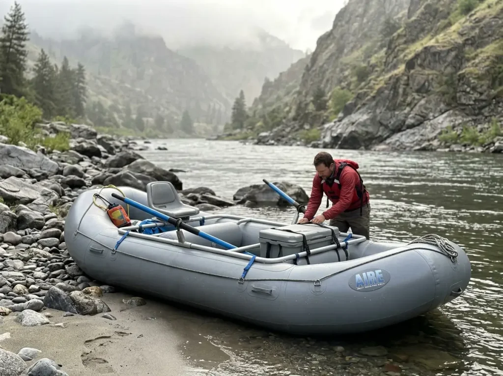 A rigger doing a final pre-launch tug check on a fully rigged raft with the dry box locked in