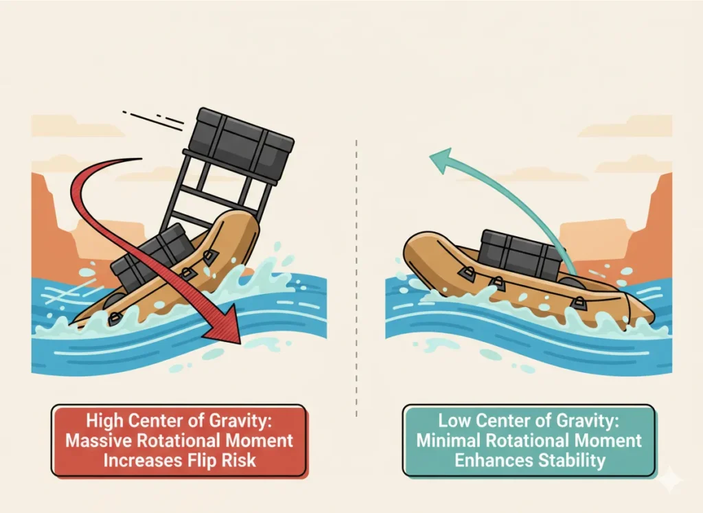 Side-by-side infographic illustrating the impact of dry box placement on raft stability, comparing high versus low center of gravity with rotational moment arrows and explanatory annotations in a vibrant, educational cartoon style.