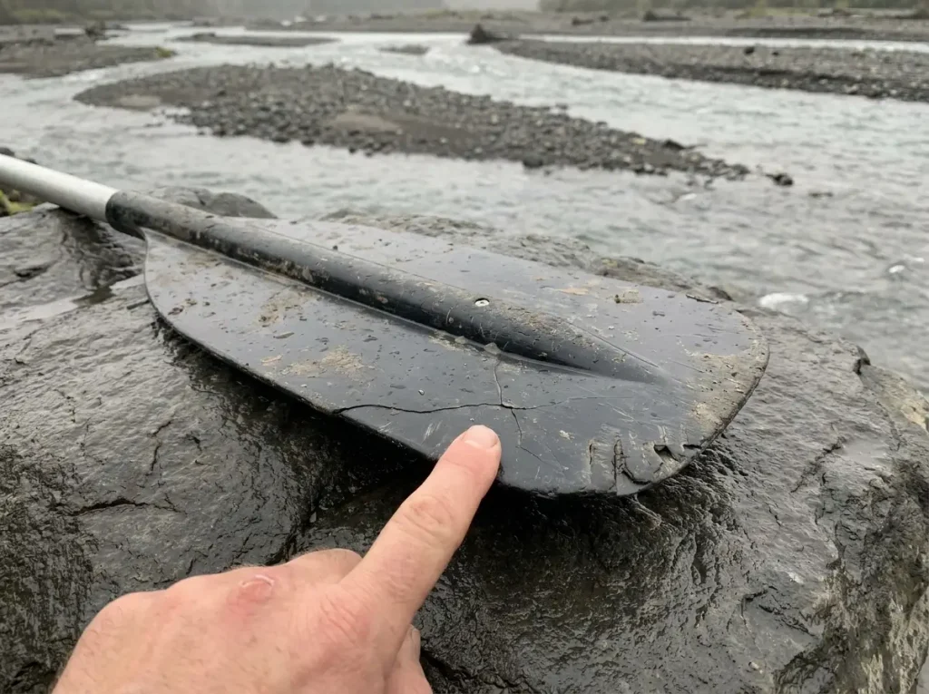 Close-up of a chunked raft paddle blade edge resting against a river rock