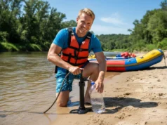 Raft-Ready Water Filters: Tested for Sediment & Group Use A man in rafting gear kneels on a riverbank, using a pump water filter to fill a bottle, with his raft visible in the background.