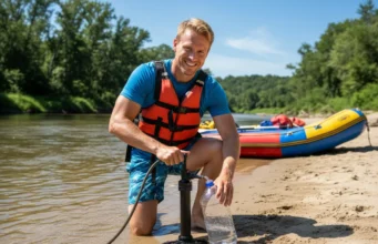 Raft-Ready Water Filters: Tested for Sediment & Group Use A man in rafting gear kneels on a riverbank, using a pump water filter to fill a bottle, with his raft visible in the background.
