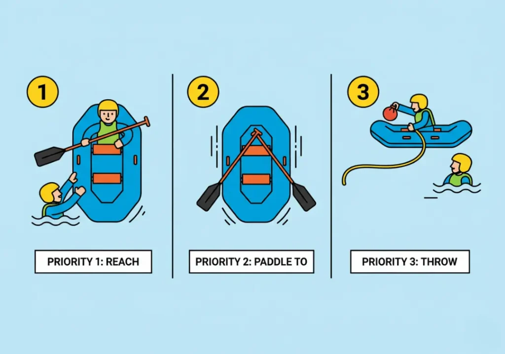 An infographic illustrating the 3 priorities for a rafter-led rescue: 1. Reach with a paddle, 2. Paddle the raft to the swimmer, and 3. Throw a rescue rope.