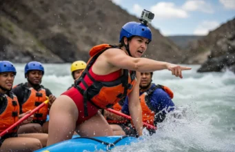 Rafter-Led Rescue: What To Do if Your Guide Falls Out A beautiful and capable woman in a whitewater raft takes charge, pointing and giving commands during an emergency rescue situation.