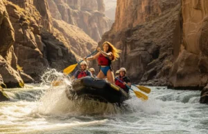 Rafting Forward Stroke: Core Technique for Maximum Power A team in a whitewater raft paddles through large rapids in a vast canyon, with a woman in front executing a powerful forward stroke.