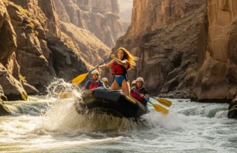Rafting Forward Stroke: Core Technique for Maximum Power A team in a whitewater raft paddles through large rapids in a vast canyon, with a woman in front executing a powerful forward stroke.