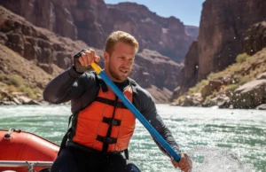 Rafting Gloves Tested for Oar Control & River Safety A man in his early 30s wearing rafting gloves and a life vest, skillfully controlling an oar in the middle of a challenging river rapid.