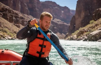 Rafting Gloves Tested for Oar Control & River Safety A man in his early 30s wearing rafting gloves and a life vest, skillfully controlling an oar in the middle of a challenging river rapid.