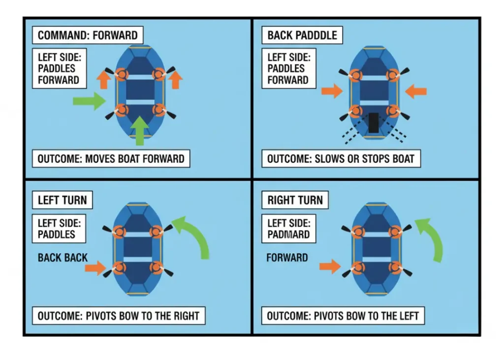 An infographic explaining rafting paddle commands. It shows four scenarios in a grid: Forward Paddle, Back Paddle, Left Turn, and Right Turn, with diagrams illustrating paddler actions and the resulting boat movement.