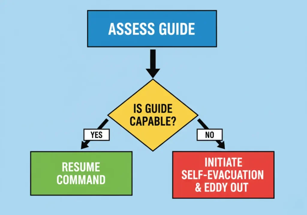 A flowchart titled 'Post-Rescue Decision Tree.' It starts with 'Assess Guide,' asks 'Is Guide Capable?'. The 'YES' path leads to 'Resume Command,' and the 'NO' path leads to 'Initiate Self-Evacuation & Eddy Out.'