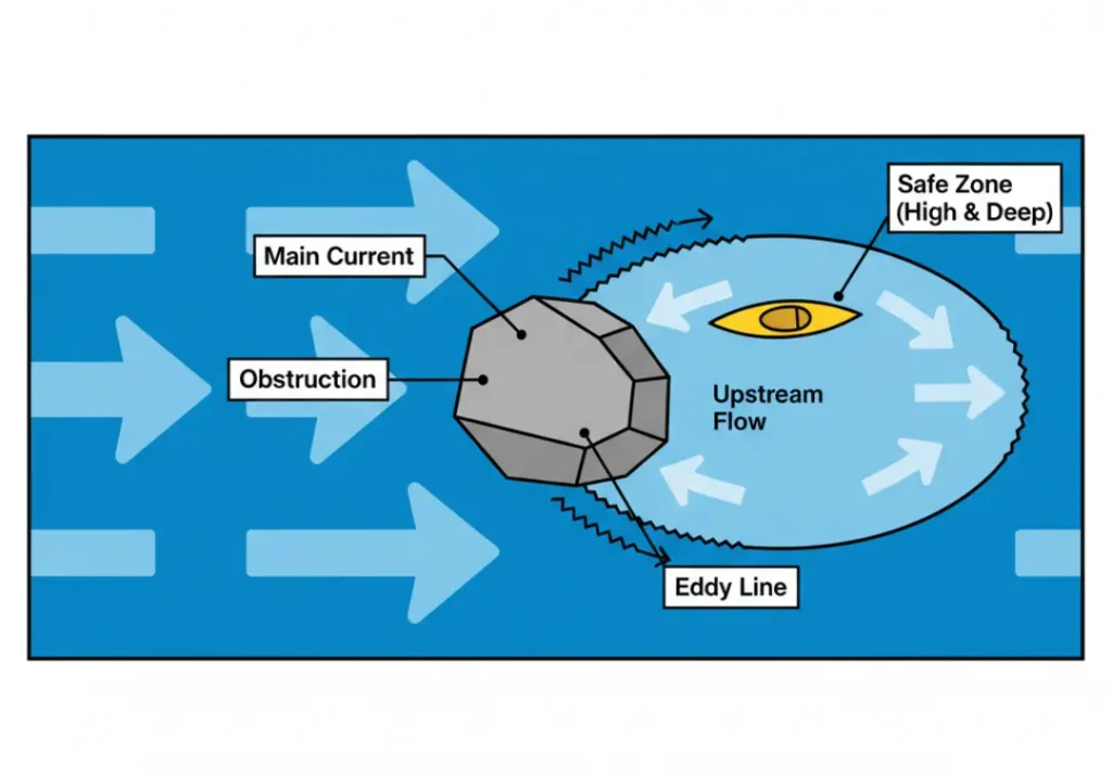 A diagram illustrating the anatomy of a river eddy for rafting safety. It shows the main current, an obstruction, the eddy line, the upstream flow within the eddy, and the optimal 'high and deep' safe zone for a safety boater.