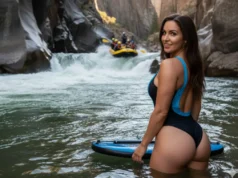 Rafting vs Riverboarding: A Rafter’s Guide to Skill & Gear A wide-angle view of a whitewater river canyon, with a female riverboarder in a one-piece swimsuit in the foreground and a raft navigating rapids in the background.