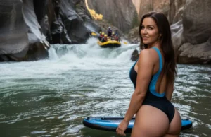 Rafting vs Riverboarding: A Rafter’s Guide to Skill & Gear A wide-angle view of a whitewater river canyon, with a female riverboarder in a one-piece swimsuit in the foreground and a raft navigating rapids in the background.