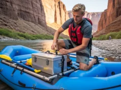 Rapids-Proof Your Dry Box Rigging: An Expert Guide A man in his 30s wearing a life vest kneels on a raft and rigs a dry box securely to the frame with straps on a sunny riverbank.