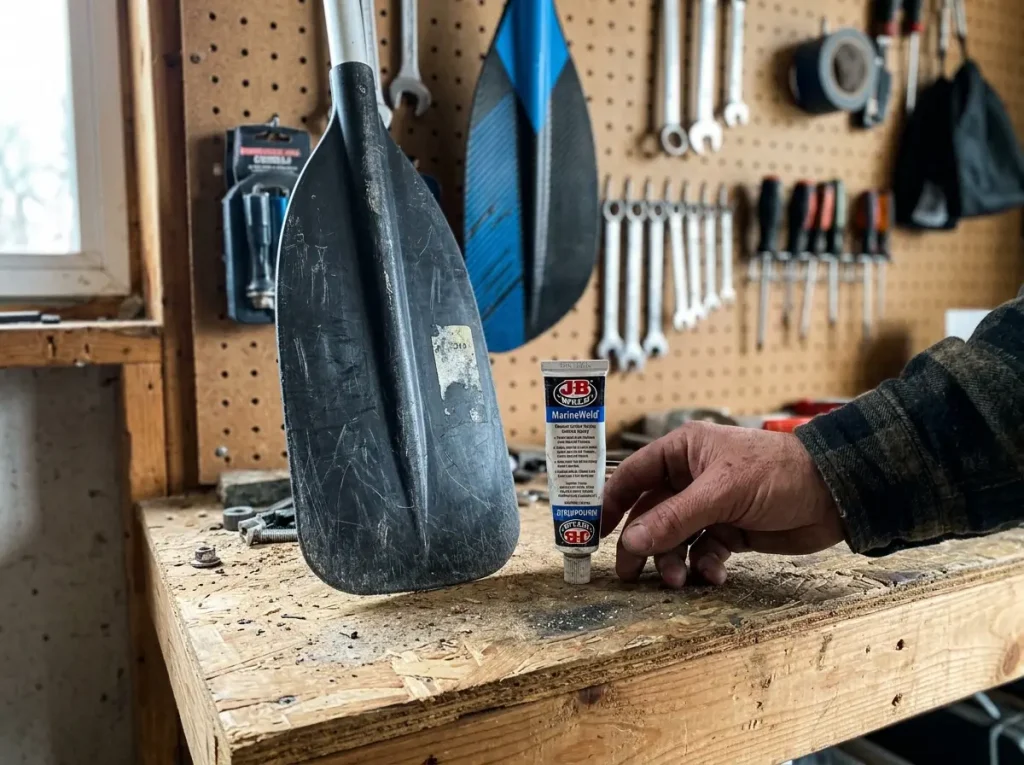 A cheap plastic crew paddle beside a tube of marine epoxy during the repair-or-replace decision