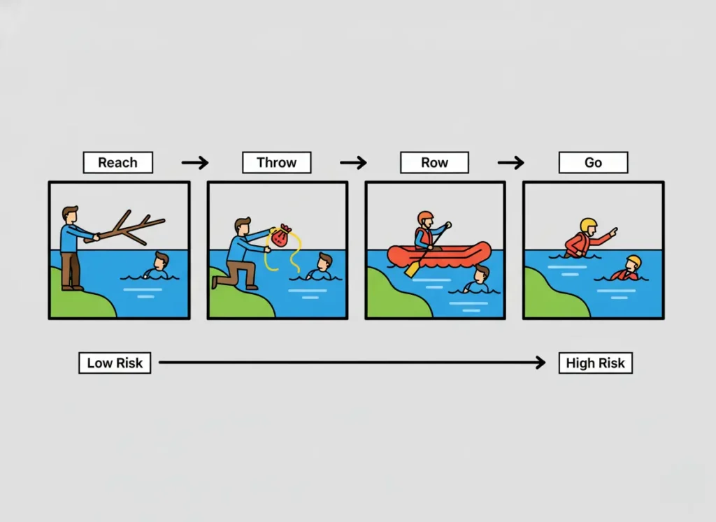 An infographic illustrating the RETHROG Ladder of Intervention for river rescues. It shows a four-step progression from left to right: Reach, Throw, Row, and Go, with an arrow underneath indicating the risk level increases from low to high.