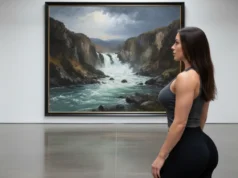 River Art Through a Rafter’s Lens: An Expert Guide A beautiful athletic woman in a modern gallery, thoughtfully observing a large painting of a whitewater river.