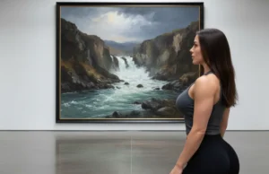 River Art Through a Rafter’s Lens: An Expert Guide A beautiful athletic woman in a modern gallery, thoughtfully observing a large painting of a whitewater river.