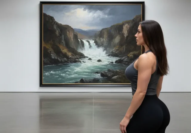 river-art-through-a-rafters-lens-an-expert-guide A beautiful athletic woman in a modern gallery, thoughtfully observing a large painting of a whitewater river.
