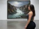 River Art Through a Rafter’s Lens: An Expert Guide A beautiful athletic woman in a modern gallery, thoughtfully observing a large painting of a whitewater river.