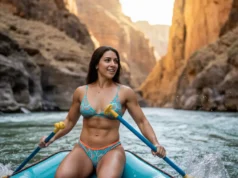 River Boils Explained: The Science & Navigation A beautiful, athletic woman with an hourglass figure confidently guiding a raft on a turbulent river through a sunny canyon.