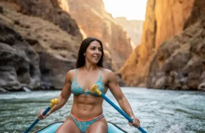 River Boils Explained: The Science & Navigation A beautiful, athletic woman with an hourglass figure confidently guiding a raft on a turbulent river through a sunny canyon.