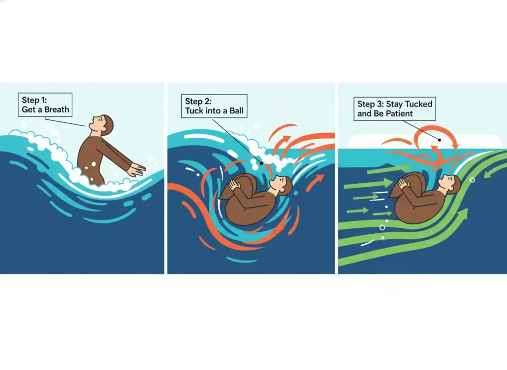 A minimalist 3-panel vector storyboard infographic illustrating the step-by-step 'Go Deep' escape protocol from a river hydraulic, showing a figure breathing at the surface, tucking into a ball underwater, and flushing out along the riverbed.