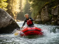 River Guide Certifications: An Expert Analysis of All Types A professional male river guide in his early 30s confidently steers a raft through whitewater rapids in a sunny canyon.