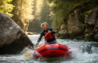 River Guide Certifications: An Expert Analysis of All Types A professional male river guide in his early 30s confidently steers a raft through whitewater rapids in a sunny canyon.