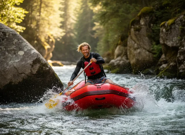 river-guide-certifications-an-expert-analysis-of-all-types A professional male river guide in his early 30s confidently steers a raft through whitewater rapids in a sunny canyon.