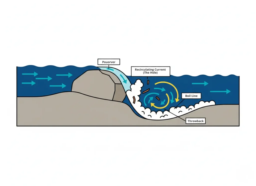 A minimalist cross-section diagram illustrating the key features of a river hydraulic, including the pourover, recirculating current, boil line, and towback, in a flat vector style for educational river safety visualization.