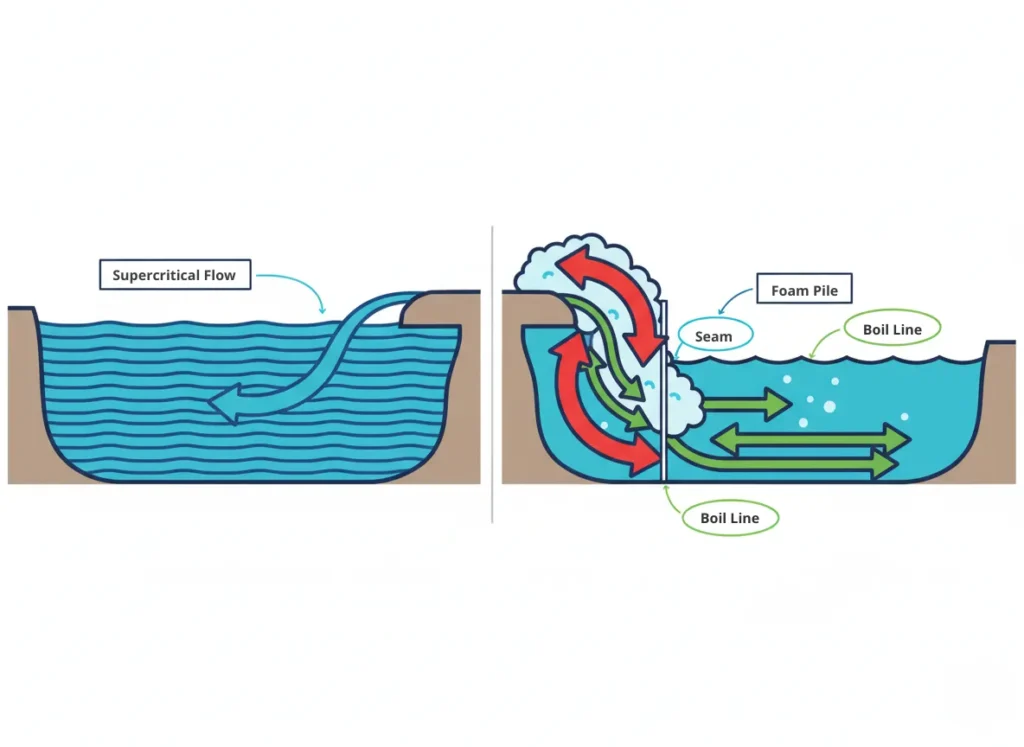 A minimalist vector infographic depicting the side-view anatomy of a river's keeper hydraulic, showing the transition from fast shallow flow over a ledge to a turbulent recirculating vortex in a deeper pool, with labeled arrows illustrating surface backwash, deep outflow escape route, seam, foam pile, and boil line.