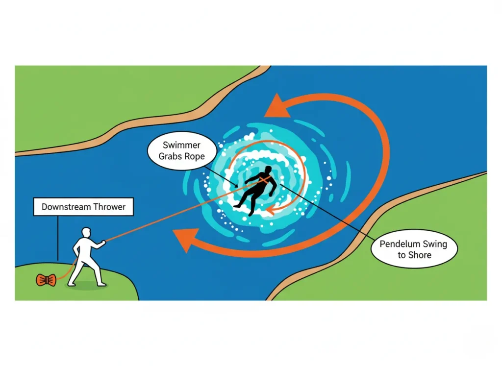 A minimalist top-down vector diagram illustrating the pendulum swing rescue technique in whitewater, depicting the river's hydraulic hole, downstream thrower with rope, swimmer grabbing the line, and an arcing path showing the current's pull to shore.