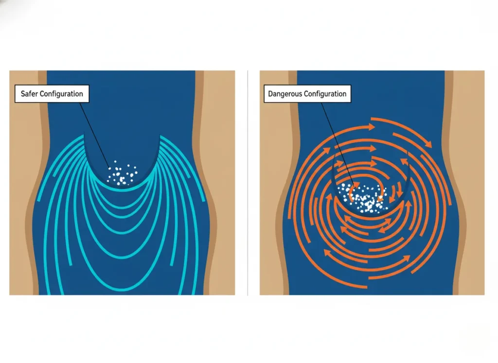 A minimalist vector infographic comparing top-down views of two river pourover holes: a safer smiling configuration with outward-funneling flow lines and a dangerous frowning keeper with inward-curving flow lines pulling toward the center, labeled for clarity.