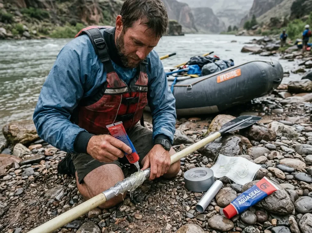 Field-repairing a raft paddle ferrule on a gravel bar with flexible adhesive and tape