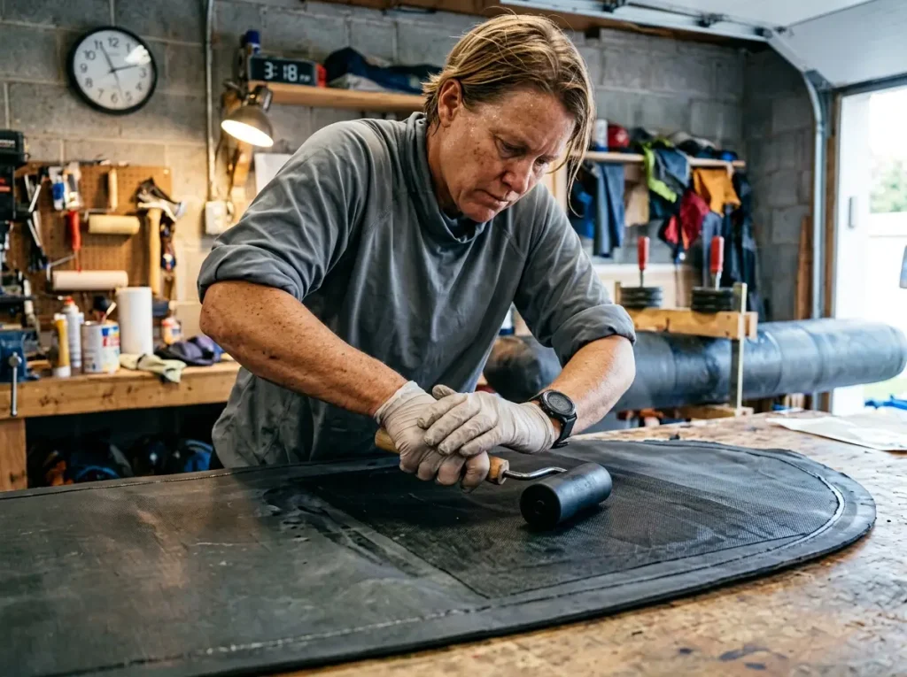 Pressing a Hypalon patch flat with a hand roller to drive out air bubbles