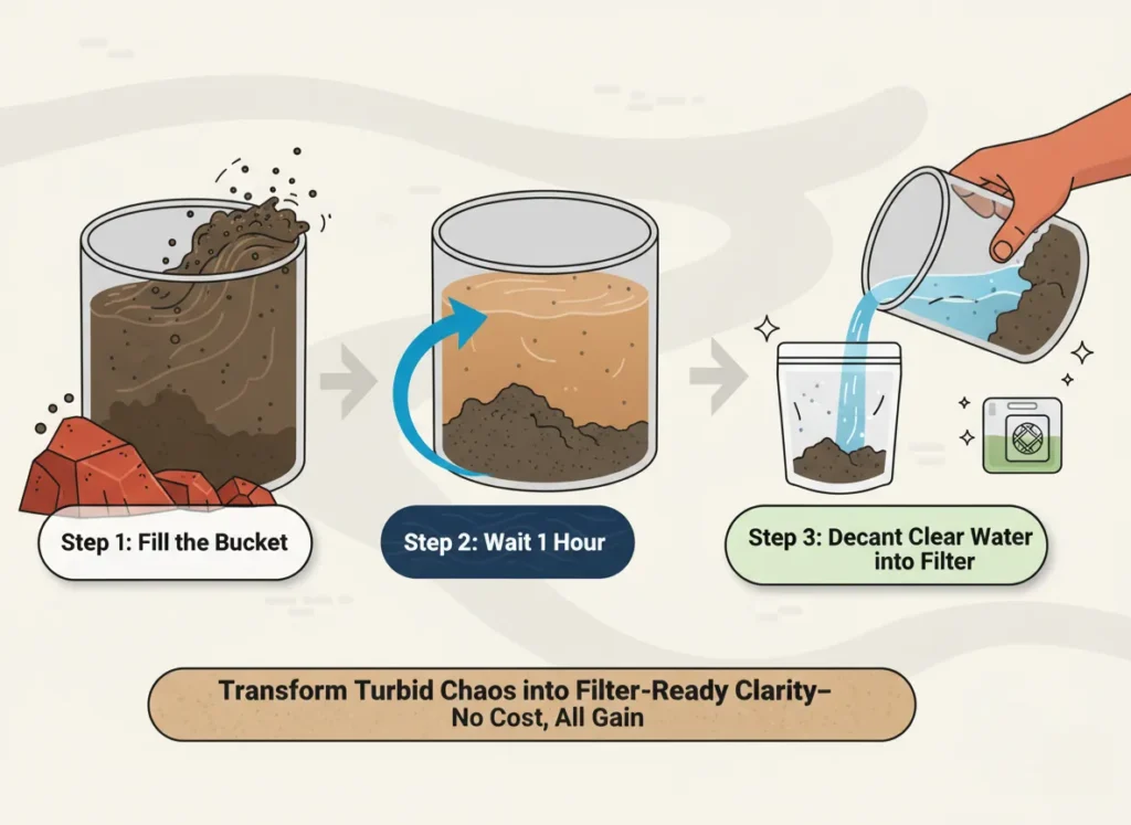 Illustrated step-by-step diagram of the settling bucket technique for prefiltering turbid river water, showing sediment separation to extend filter life in outdoor adventures.