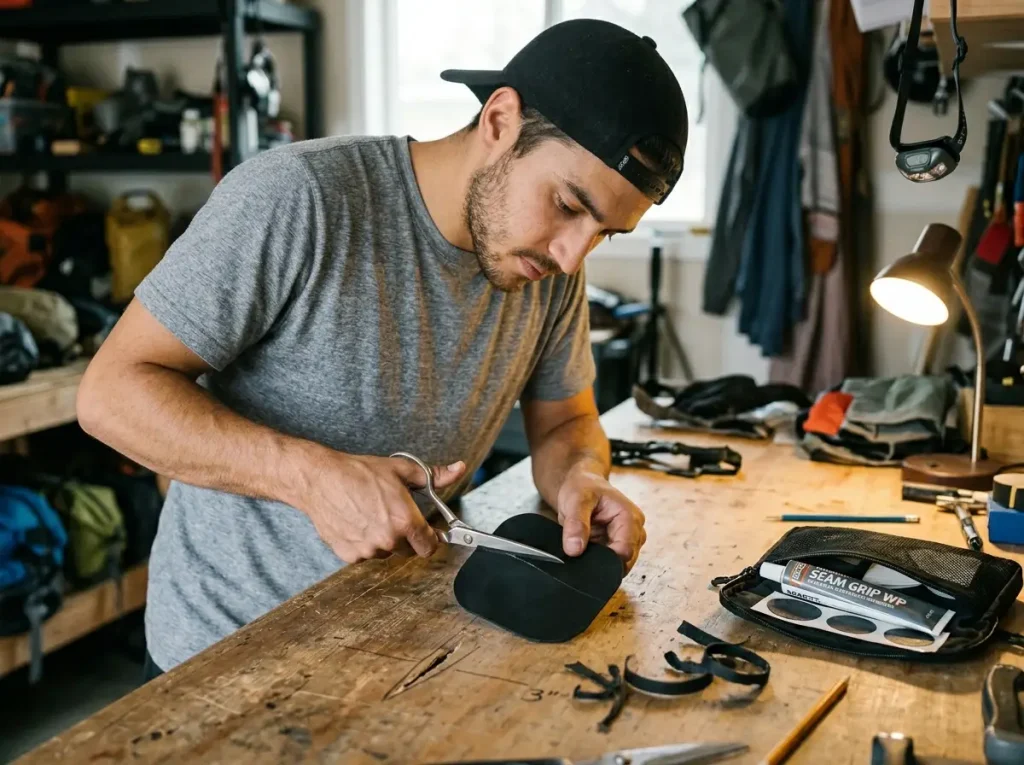 Hands cutting a rounded-corner patch sized over a tear in a Hypalon raft tube