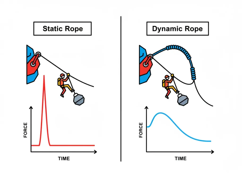 An infographic comparing static and dynamic ropes. The left panel shows a static rope with a graph depicting a high, sharp peak impact force. The right panel shows a dynamic rope with a graph depicting a lower, wider curve for impact force.